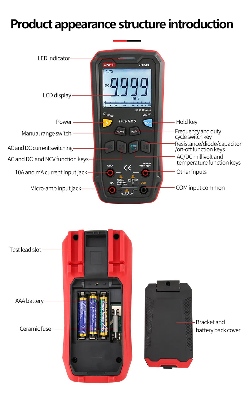 Multímetro Digital Inteligente UNI-T UT60S / UT60BT (Bluetooth) - True RMS, Tester Voltaje 1000V AC/DC, Amperímetro, Frecuencímetro
