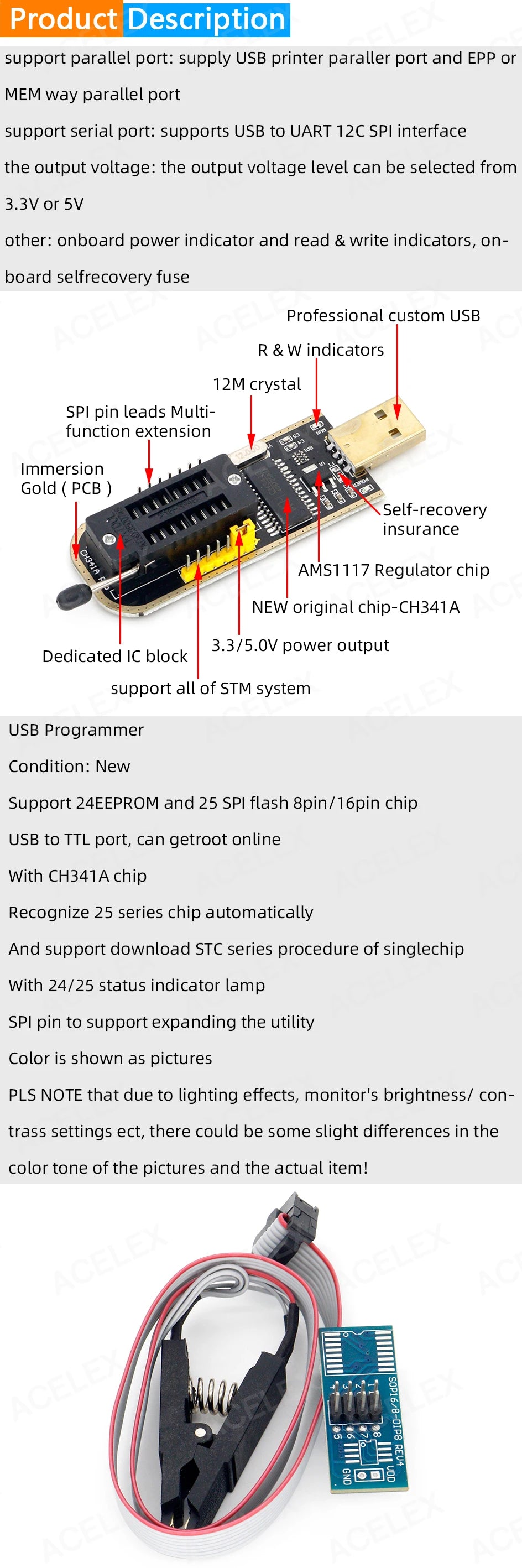 Kit Programador USB CH341 24/25 Series EEPROM Flash BIOS + Clip Test SOIC8/SOP8