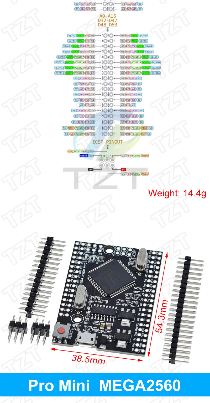Placa Desarrollo TZT Mega2560 (ATMEGA16U2 / Pro Mini / WiFi R3 ATmega2560 CH340G) compatible Arduino Mega R3 / ESP8266