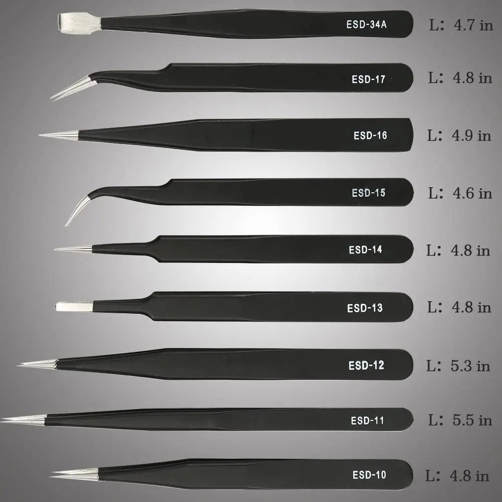 Set Pinzas ESD Antiestáticas Acero Inoxidable Binoax (Puntas No Magnéticas) para Electrónica/Soldadura/Artesanía (6/9/10 Piezas)