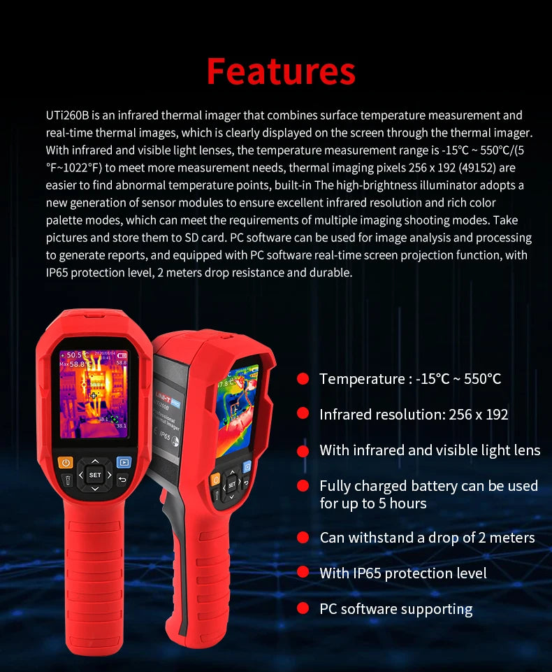 Termógrafo Infrarrojo UNI-T UTi260B / UTi260A HD (256x192) - Cámara Térmica Portátil Scanner IR (Batería Incluida)