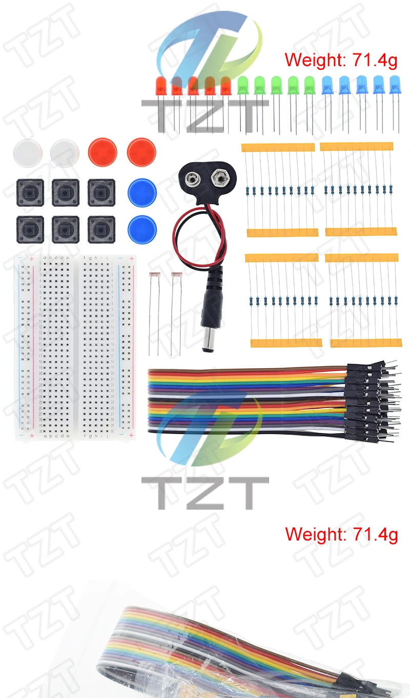 Kit Inicio TZT para Arduino UNO R3 (Mini Protoboard, LED, Cables Jumper, Botón) para Educación Escolar/Laboratorio