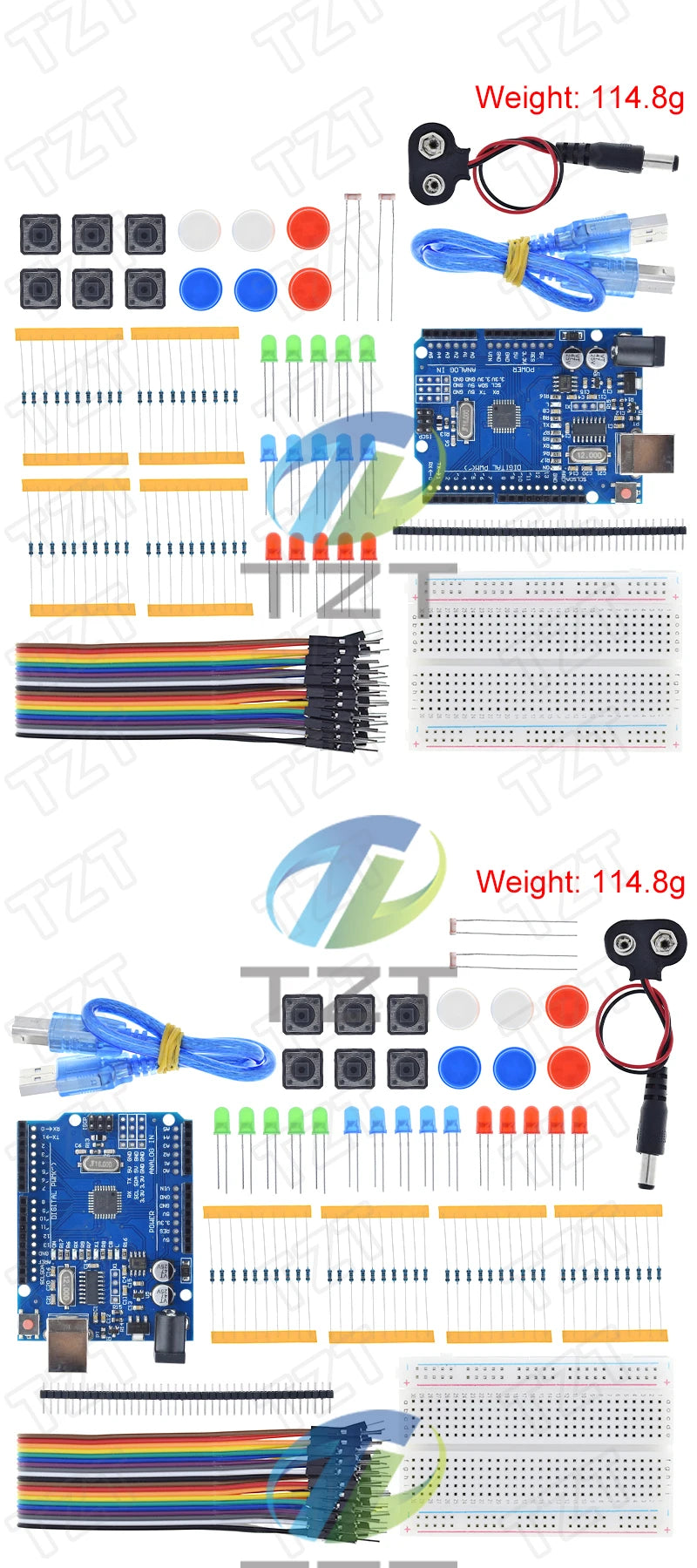 Kit Inicio TZT para Arduino UNO R3 (Mini Protoboard, LED, Cables Jumper, Botón) para Educación Escolar/Laboratorio