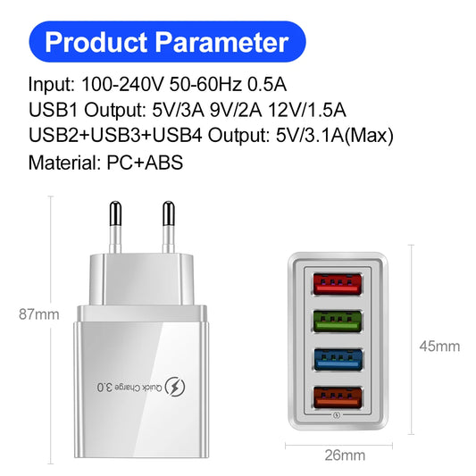 Cargador USB QC 3.0 Carga Rápida para Teléfono Móvil/Tablets iPhone 14/Samsung/Xiaomi Mi (Adaptador Enchufe EU/US)