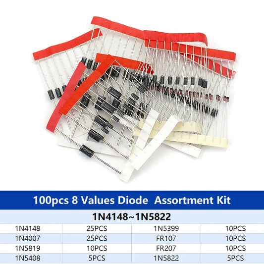 Kit Surtido Diodos THT (Rectificador/Schottky/Switching) - 8 Valores (1N4148, 1N4007, 1N58xx, FRxxx) (Total 100 Piezas)