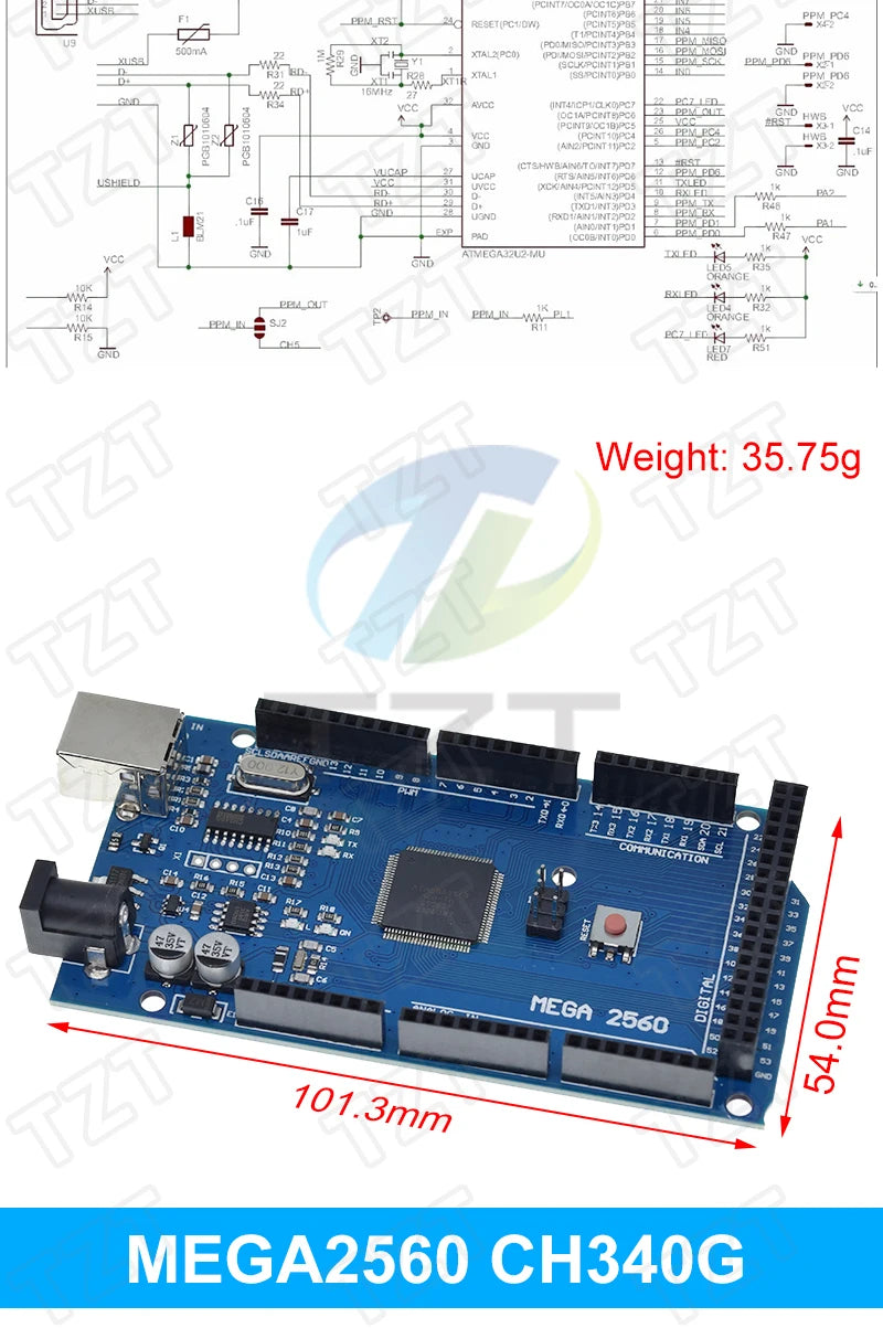 Placa Desarrollo TZT Mega2560 (ATMEGA16U2 / Pro Mini / WiFi R3 ATmega2560 CH340G) compatible Arduino Mega R3 / ESP8266