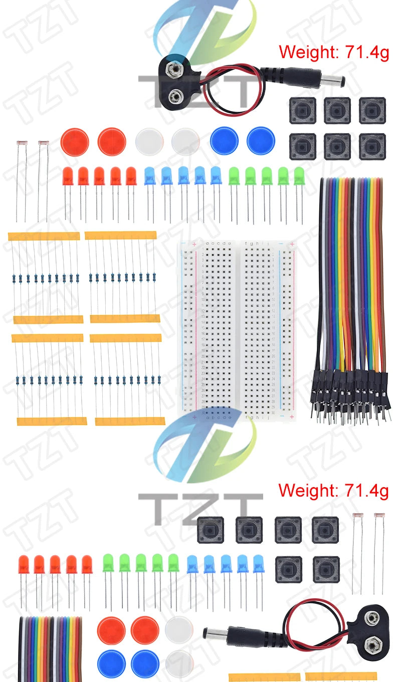 Kit Inicio TZT para Arduino UNO R3 (Mini Protoboard, LED, Cables Jumper, Botón) para Educación Escolar/Laboratorio