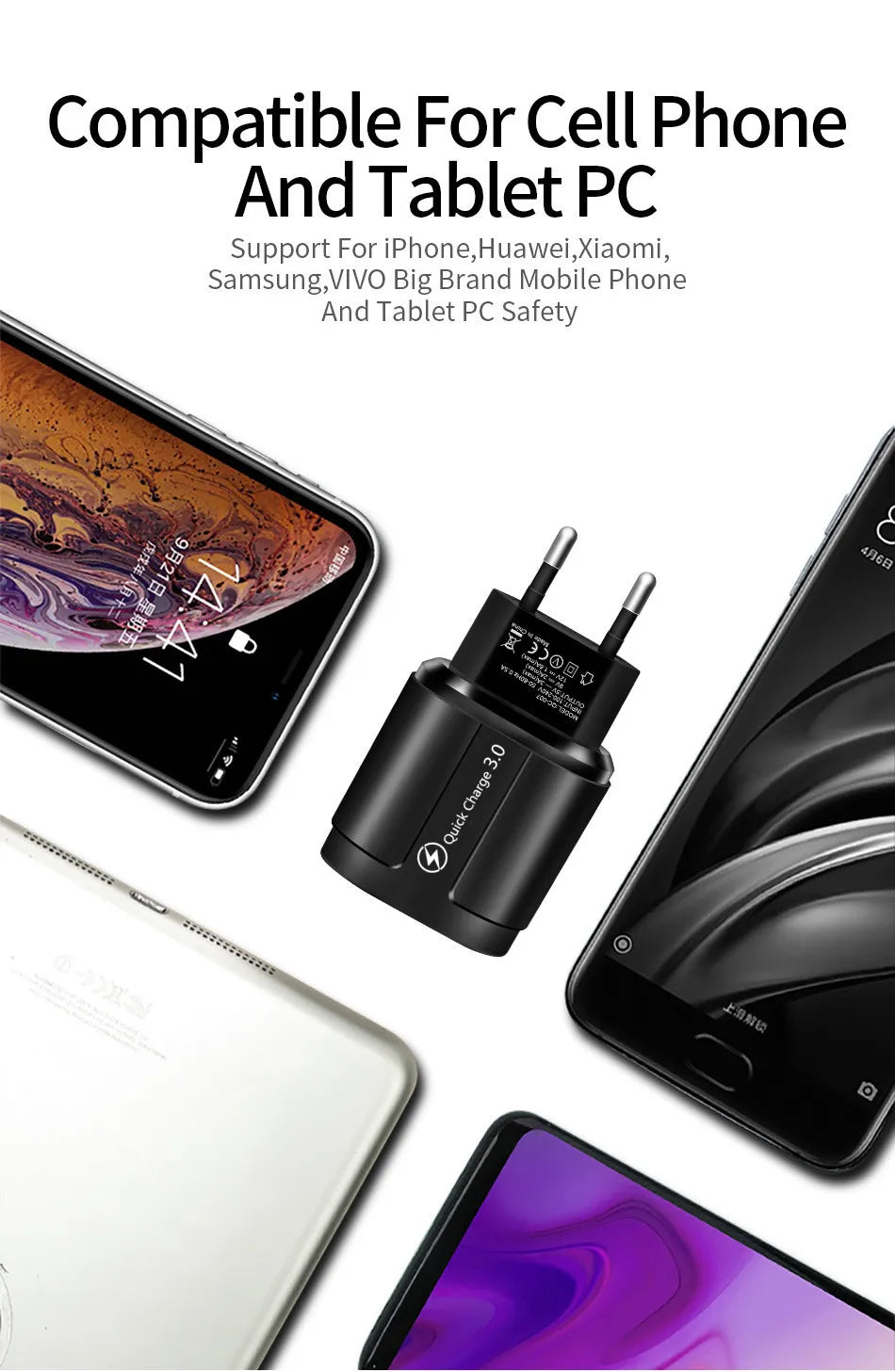 Cargador USB QC 3.0/4.0 (5V 3A) Carga Rápida Universal para Teléfonos Móviles/Tablets iPhone/Xiaomi/Samsung S20