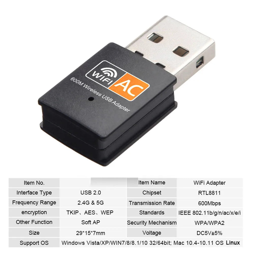 Adaptador USB WiFi 600Mbps Doble Banda (2.4G/5G) 802.11ac Mini Tarjeta Red Inalámbrica Receptor
