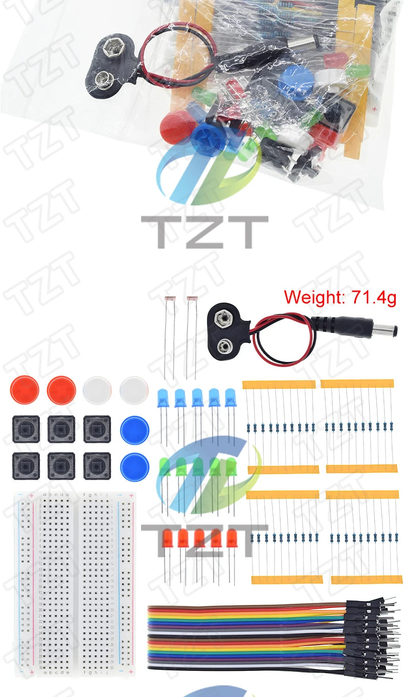 Kit Inicio TZT para Arduino UNO R3 (Mini Protoboard, LED, Cables Jumper, Botón) para Educación Escolar/Laboratorio