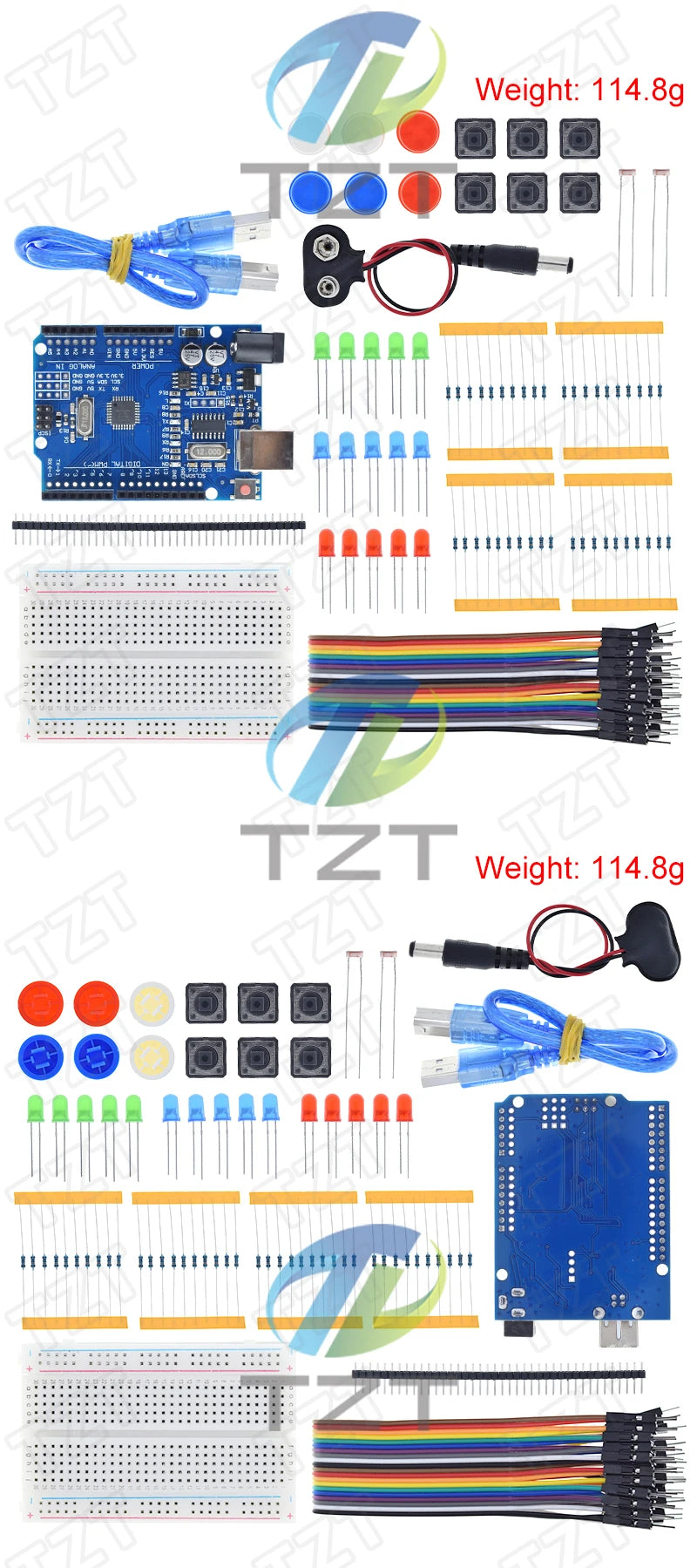 Kit Inicio TZT para Arduino UNO R3 (Mini Protoboard, LED, Cables Jumper, Botón) para Educación Escolar/Laboratorio