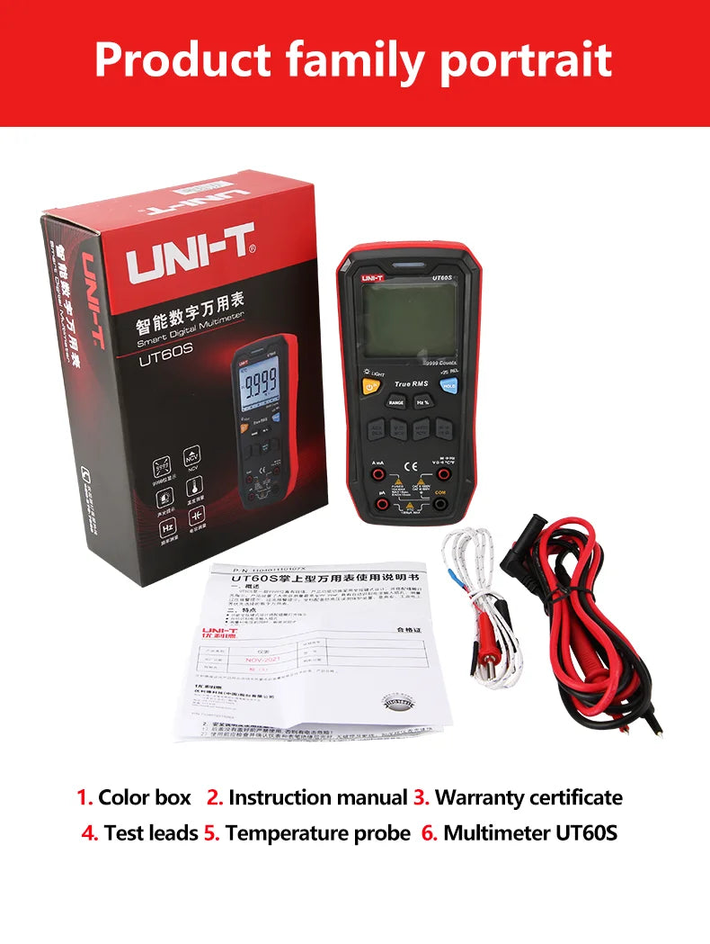 Multímetro Digital Inteligente UNI-T UT60S / UT60BT (Bluetooth) - True RMS, Tester Voltaje 1000V AC/DC, Amperímetro, Frecuencímetro