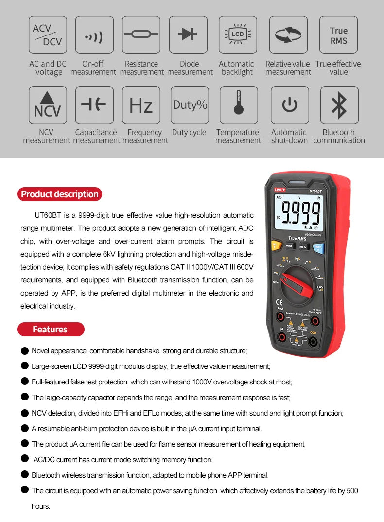 Multímetro Digital Inteligente UNI-T UT60S / UT60BT (Bluetooth) - True RMS, Tester Voltaje 1000V AC/DC, Amperímetro, Frecuencímetro