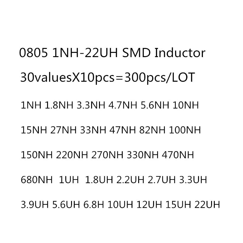 Kit Surtido Inductores SMD 0805 - 30 Valores (1nH a 22uH) x 10 Unidades (Total 300 Piezas)