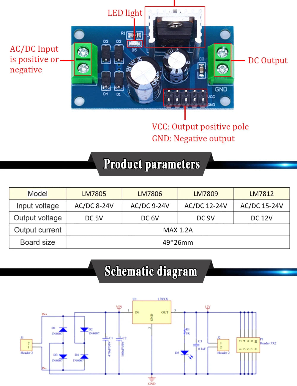 Módulo Fuente Alimentación Regulador Tres Terminales LM7805/LM7806/LM7809/LM7812 Salida 5V/6V/9V/12V 1.2A Max