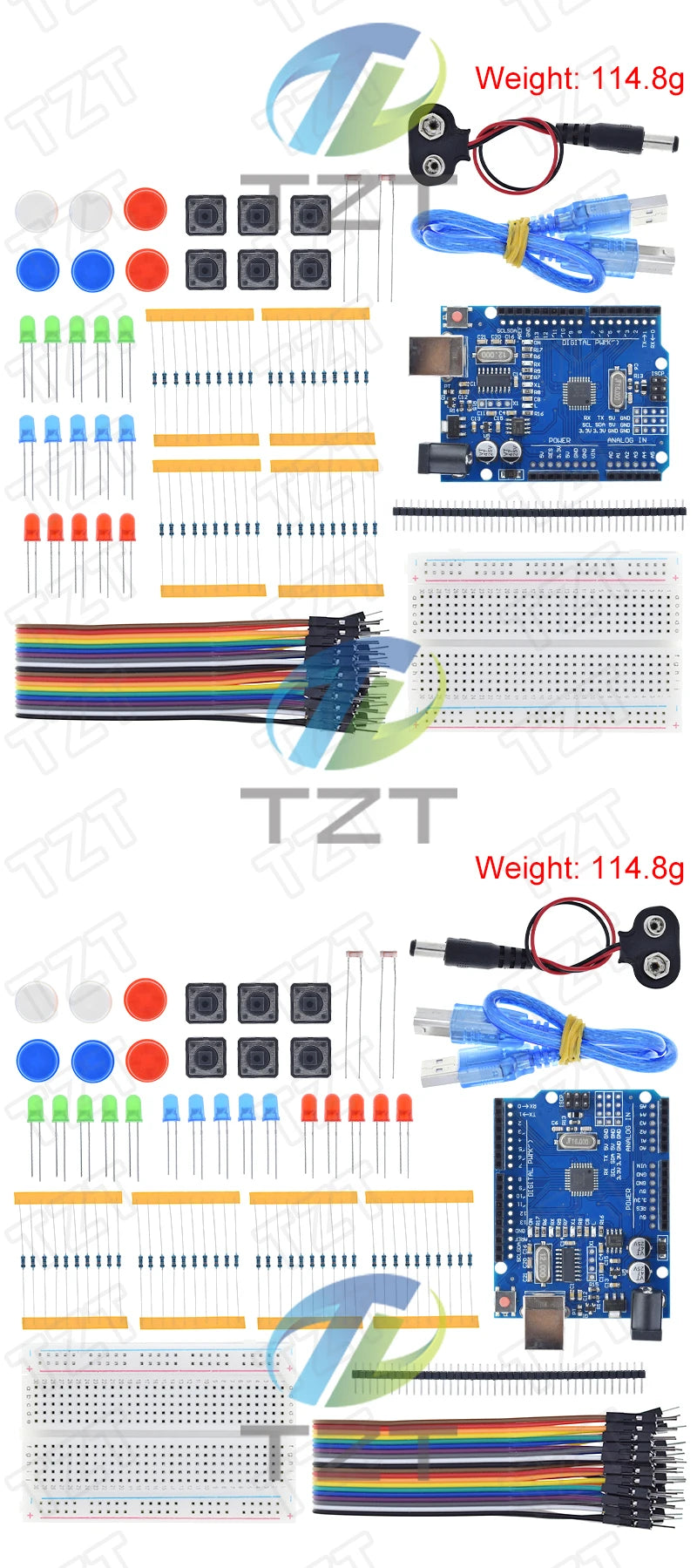 Kit Inicio TZT para Arduino UNO R3 (Mini Protoboard, LED, Cables Jumper, Botón) para Educación Escolar/Laboratorio