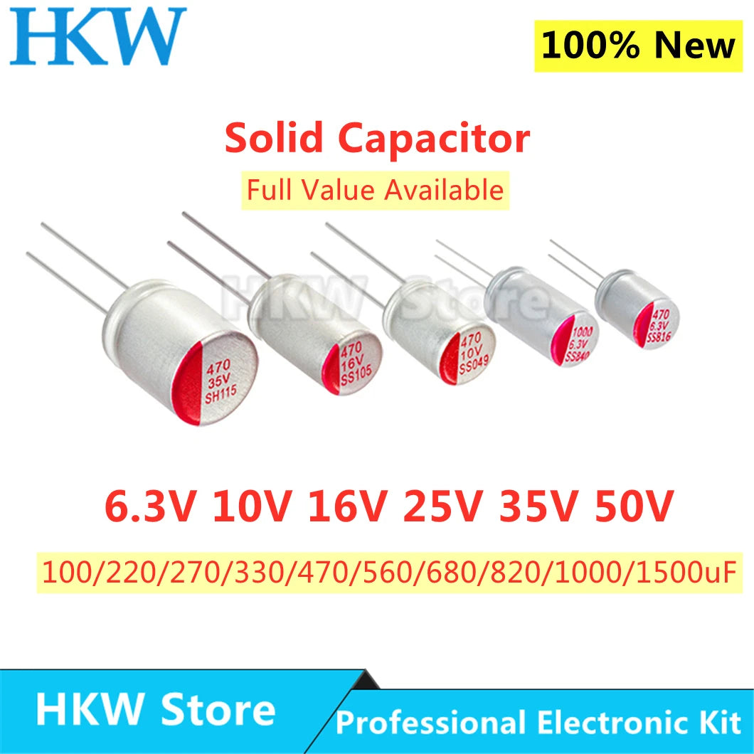 Capacitor Electrolítico Sólido DIP Bajo ESR (100uF-1000uF, 6.3V-50V) - Pack 10 Unidades (Valores Surtidos)