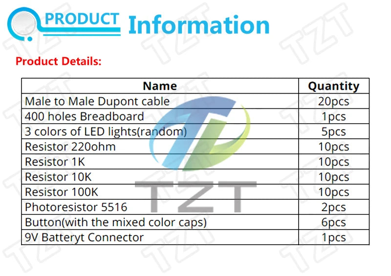 Kit Inicio TZT para Arduino UNO R3 (Mini Protoboard, LED, Cables Jumper, Botón) para Educación Escolar/Laboratorio