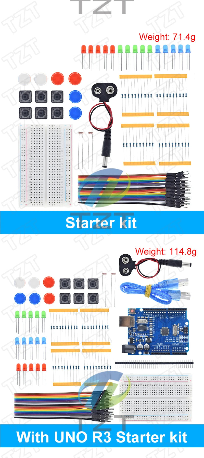 Kit Inicio TZT para Arduino UNO R3 (Mini Protoboard, LED, Cables Jumper, Botón) para Educación Escolar/Laboratorio