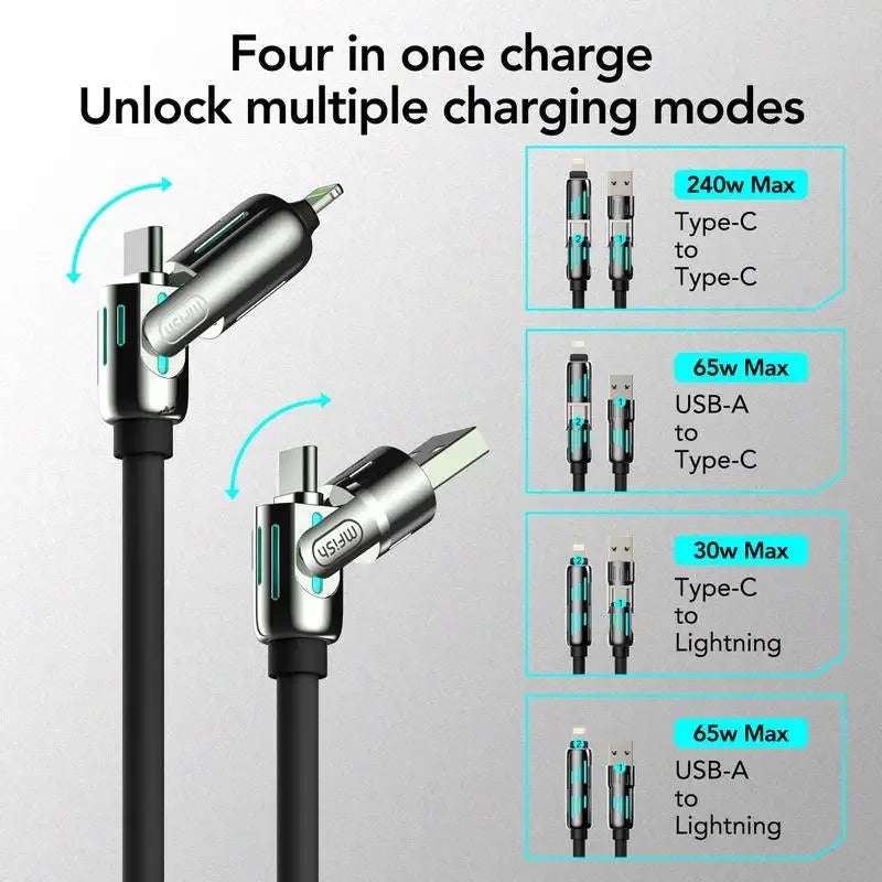 Cable Carga USB Multifunción 4 en 1 MFISH (USB/Tipo C/Lightning, Max 240W) Carga Rápida y Sincronización Datos para iPhone 15/16/iPad