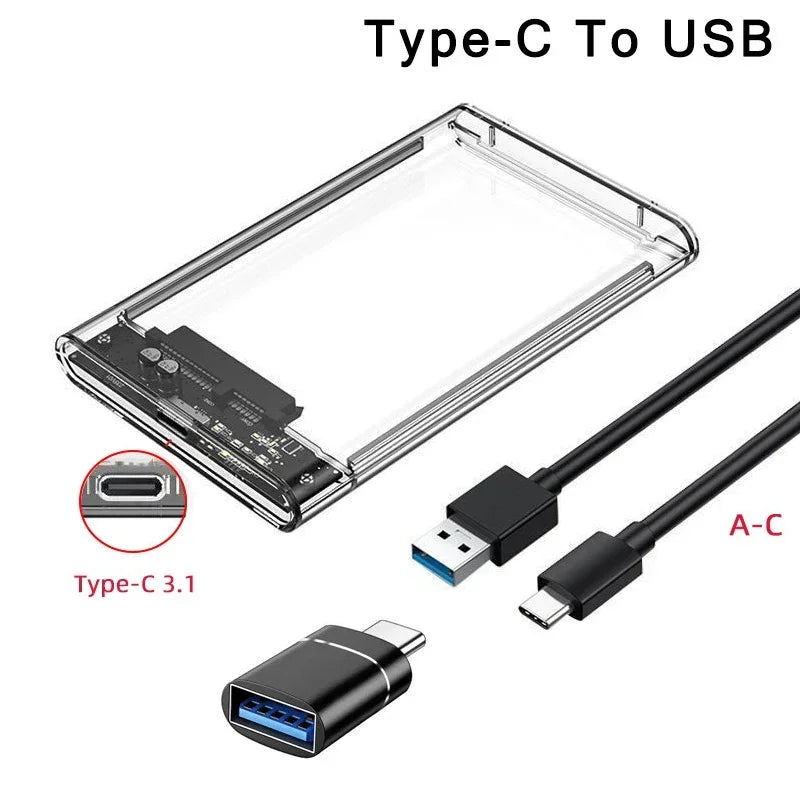 Carcasa Externa USB 3.0/Tipo C para Disco Duro HDD/SSD SATA 2.5" (UASP, Transparente, Portátil, Tool-Free)