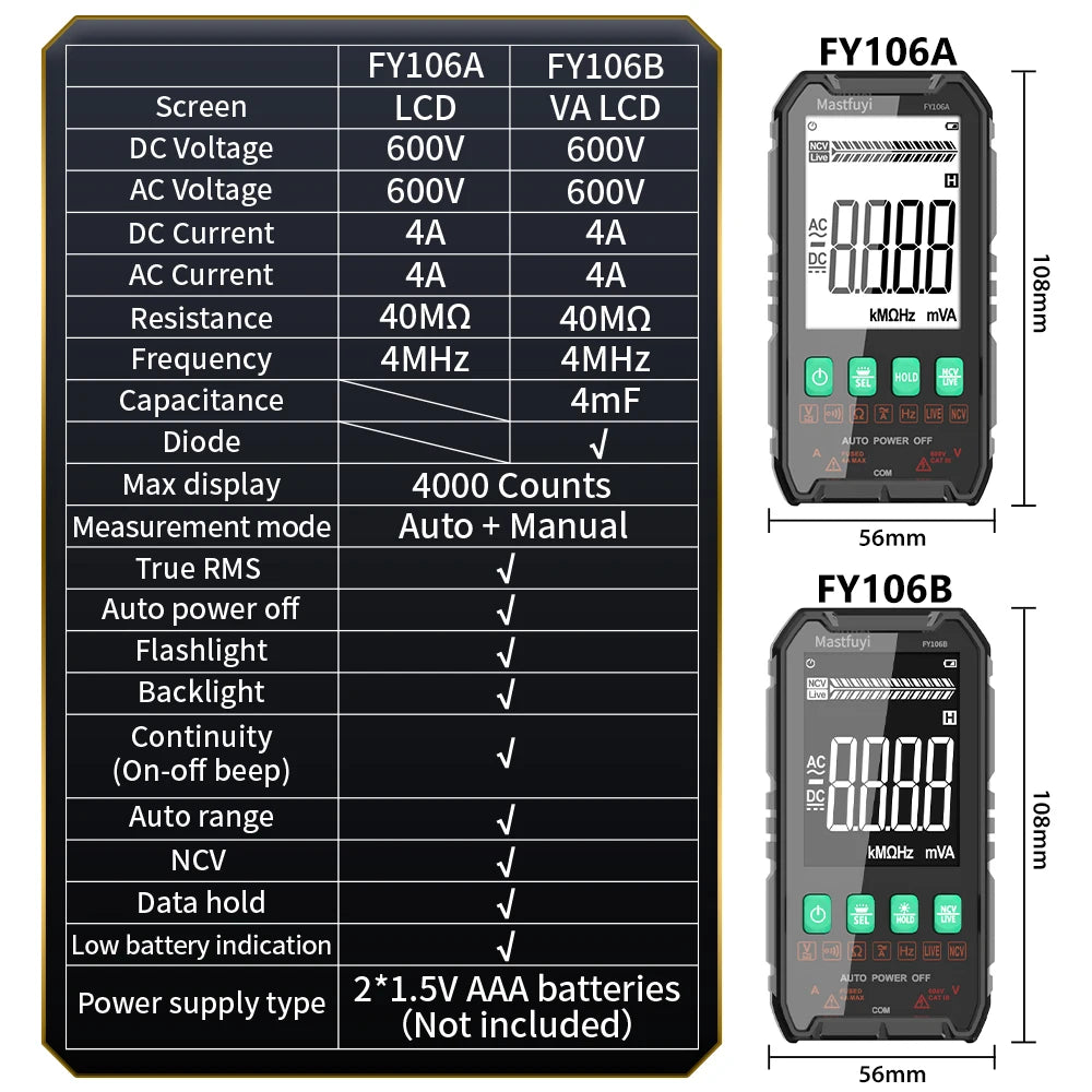 Multímetro Digital Multifunción Mastfuyi FY106 AC/DC - Smart Tester NCV, Ohmetro, Voltímetro (600V)
