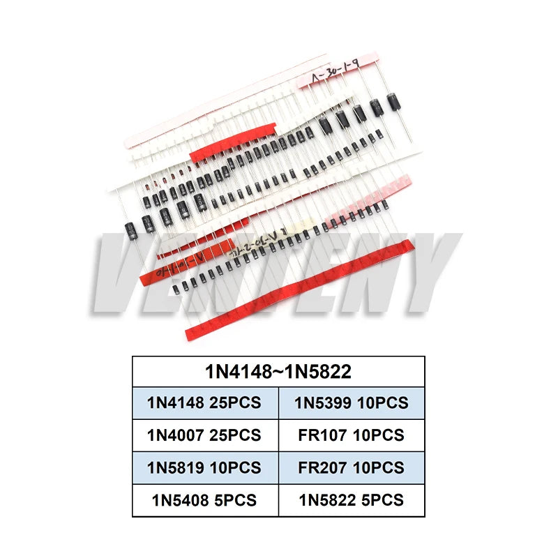 Kit Surtido Diodos THT (Rectificador/Schottky/Switching) - Varios Tipos (1N400x, 1N58xx, FRxxx, etc.) - 100/200 Piezas