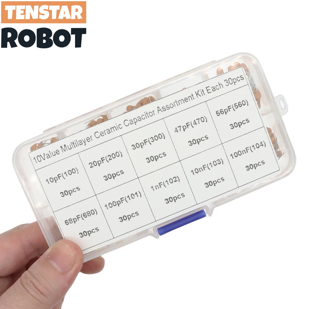 Kit Surtido Capacitor Cerámico Multicapa (10pF-100nF, 50V, 10 Valores x 30 Unidades) - Pack 300 Piezas