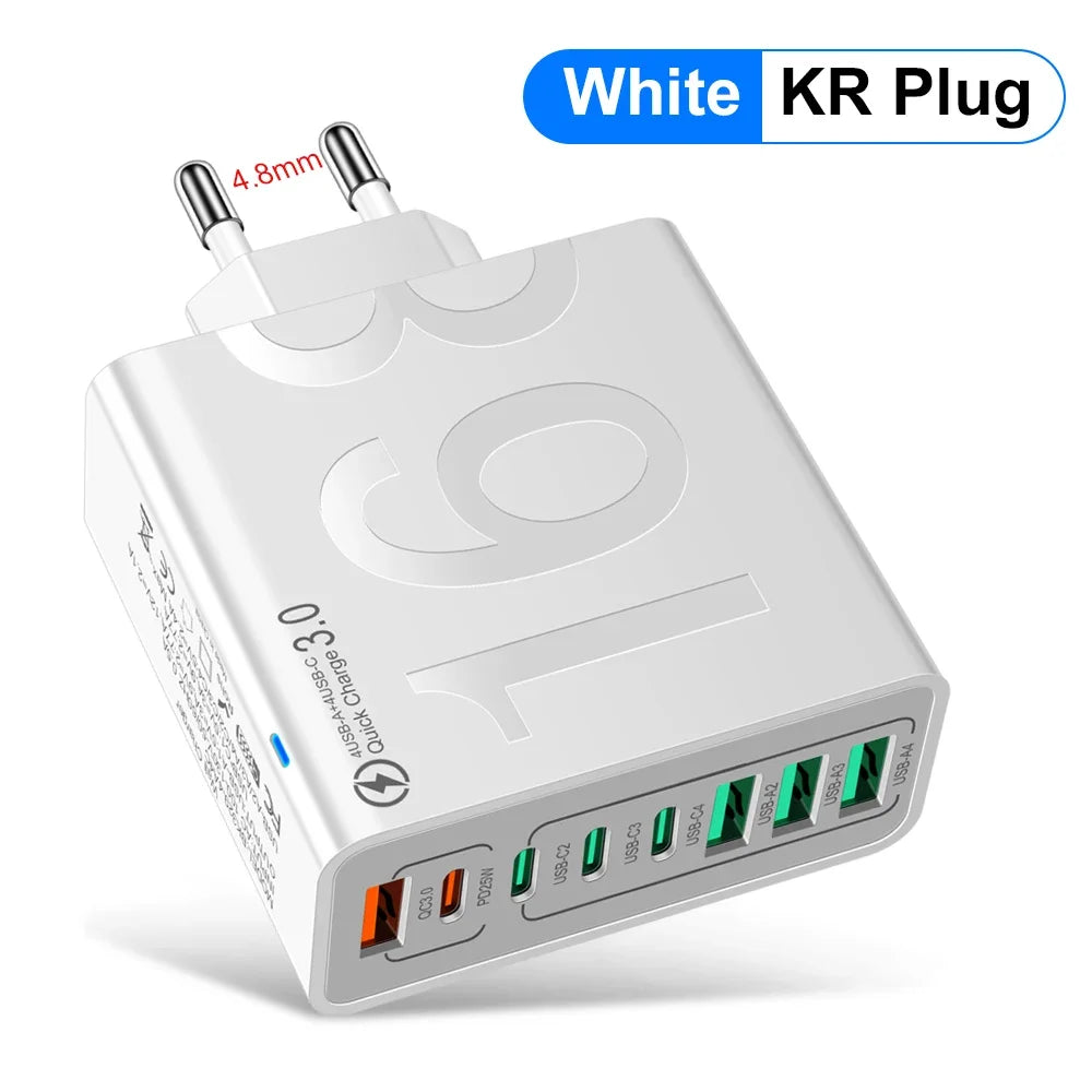 Cargador Pared USB Tipo C Múltiple 8 Puertos Alta Velocidad Carga Rápida PD para iPhone 15/Xiaomi/Huawei