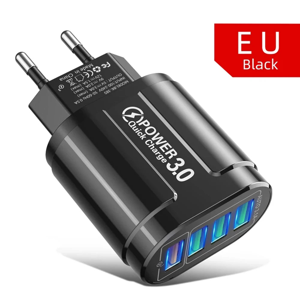 Cargador Rápido Viaje Portátil QC3.0 4 Puertos USB 48W (Enchufe EU) para Android/iPhone/Xiaomi