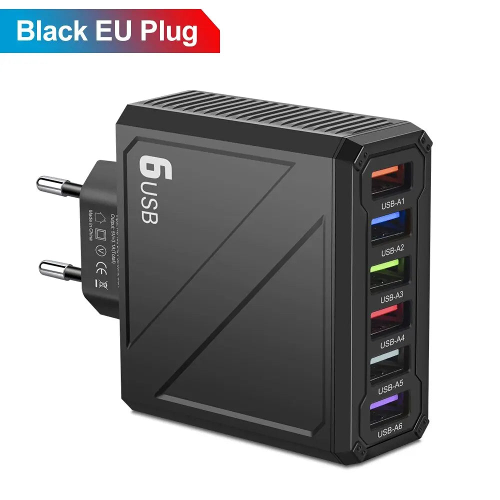 Cargador Pared USB 6 Puertos 3.1A Carga Rápida Adaptador Móvil para iPhone/Samsung/Xiaomi/Huawei