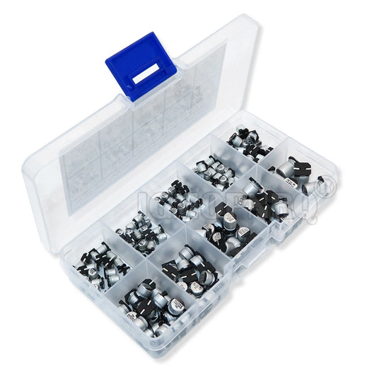 Kit Muestrario Capacitor Electrolítico Aluminio SMD (0.47uF-100uF, 10 Valores) - Pack 165 Piezas