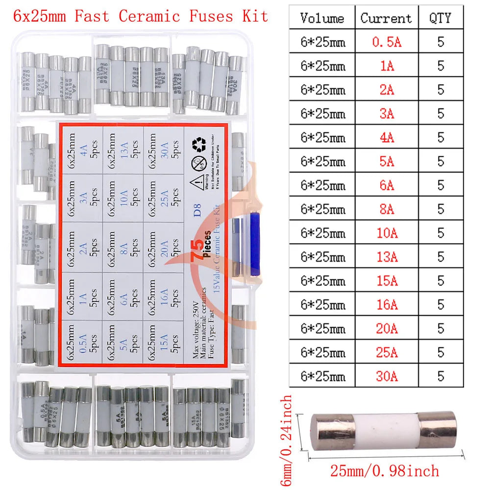 12V-250V Slow Fast Glass Fuse With Lead Wire Mix kit 0.1A 0.25A 0.5A 1A 2A 2.5A 3A 3.15A 4A 5A 6A 6.3A 8A 10A 15A 16A 20A 30A