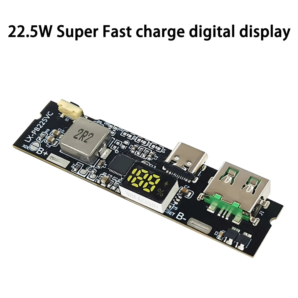 Módulo Power Bank Carga Rápida Bidireccional 22.5W DIY con Display Digital (USB/Tipo-C, Soporta VOOC)