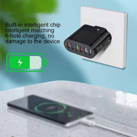 Cargador Pared Rápido USB 6 Puertos (6 en 1) Adaptador Carga para Samsung S22/S23, Xiaomi