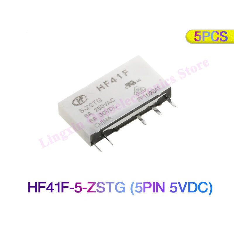 Relé Potencia HF41F-ZS/ZST/HS/HST 5-Pin 6A - Voltajes (5V/12V/24V DC) - Lote 5 Piezas
