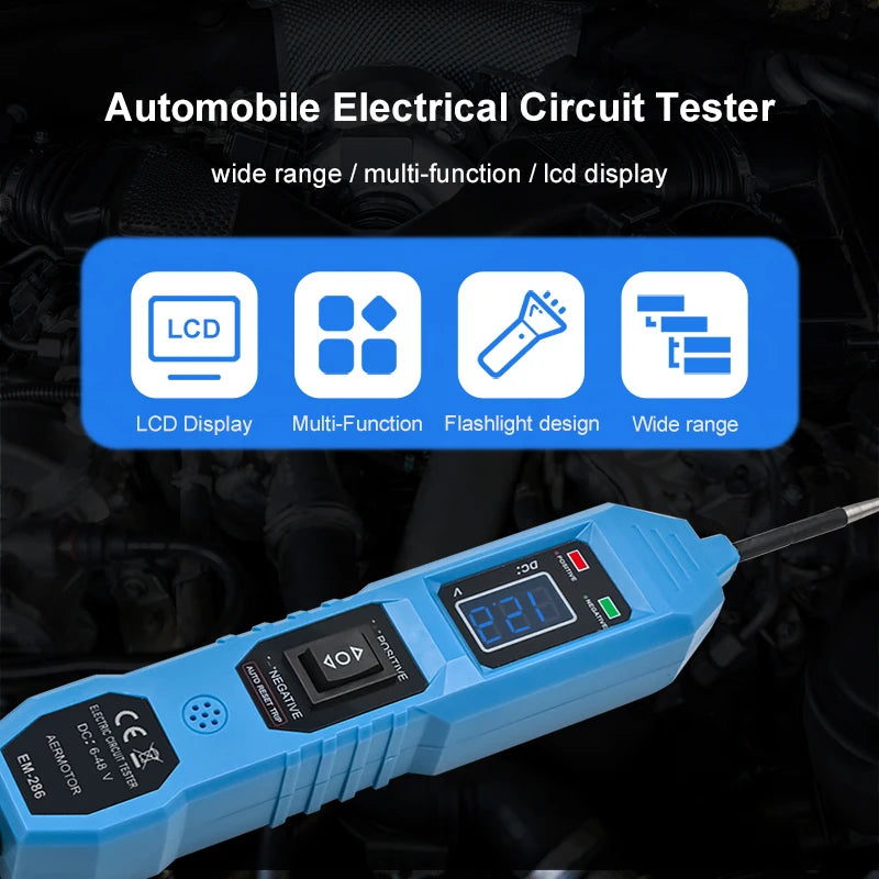 Tester Circuito Eléctrico Aermotor (6V-48V DC) con Display LED y Luz - Herramienta Diagnóstico Sistema Eléctrico Auto