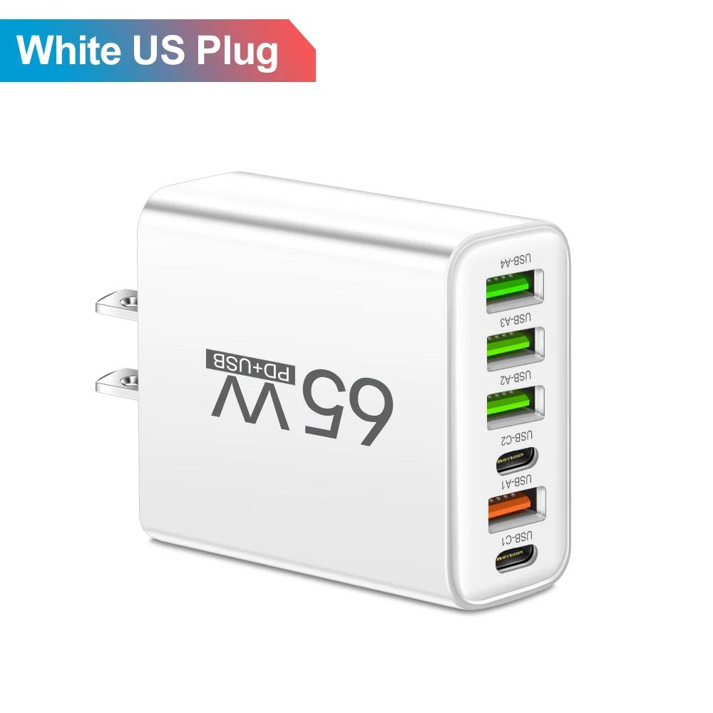 Cargador Pared Rápido USB-C 65W (6 Puertos) para iPhone 14/15 Pro Max, Samsung S23, Xiaomi 14
