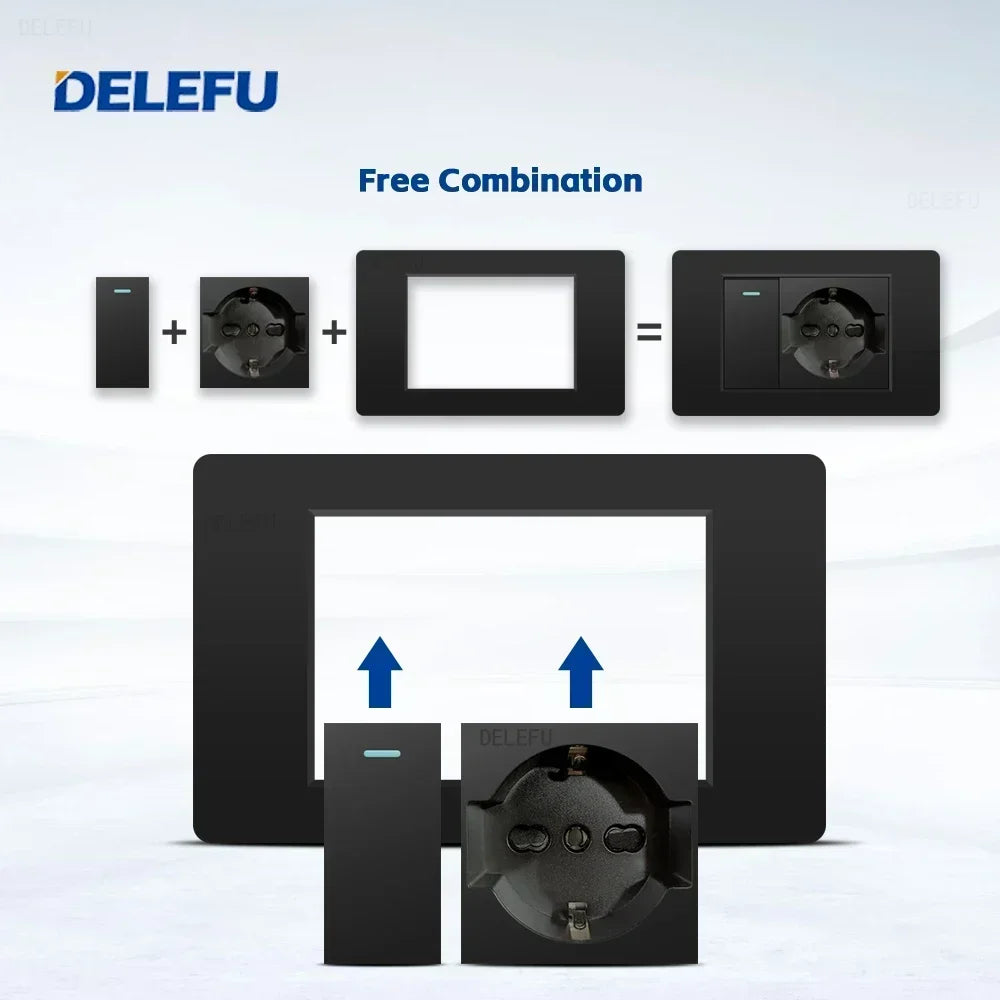 Enchufe Pared Delefu Italia/Chile PC Negro USB-C Carga Rápida + Schuko + Switch Smart Tuya WiFi + SAT/TV/TEL/Timbre