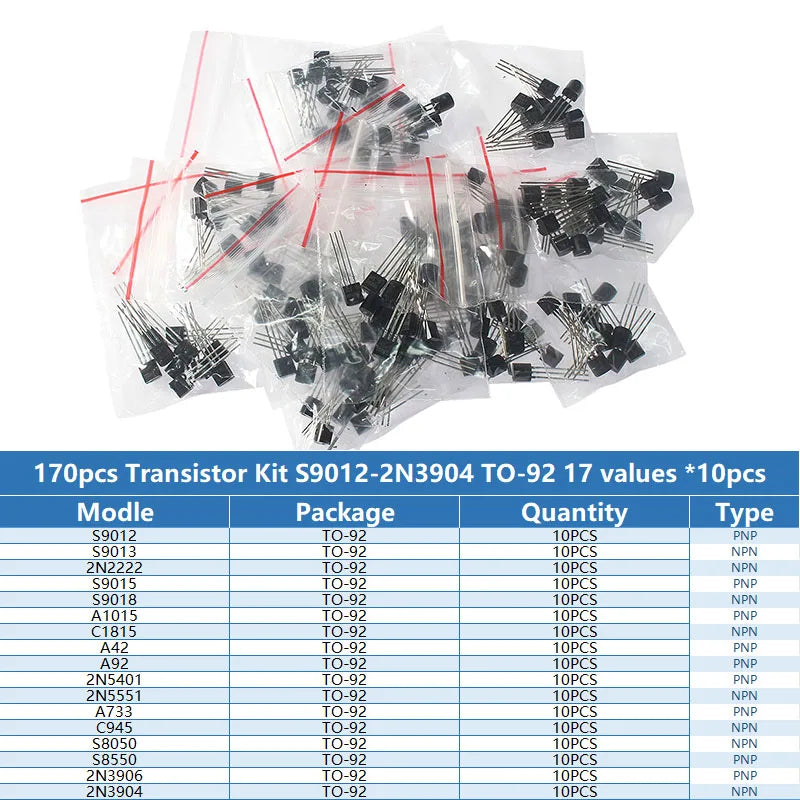 Kit Surtido Transistores BJT TO-92 NPN/PNP (A1015, BCxxx, S8xxx, 2Nxxxx) - 50-900 Piezas