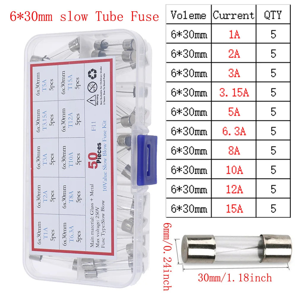 12V-250V Slow Fast Glass Fuse With Lead Wire Mix kit 0.1A 0.25A 0.5A 1A 2A 2.5A 3A 3.15A 4A 5A 6A 6.3A 8A 10A 15A 16A 20A 30A