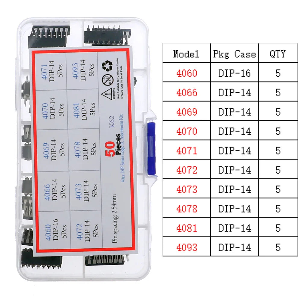 Kit Surtido Chips IC Lógica CMOS (Series 4000/4500/74HC/74LS) con Zócalos