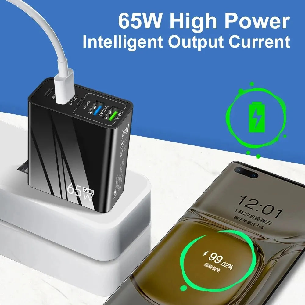Cargador Pared Rápido 65W (PD + 3 USB-A 3.1A) Adaptador Viaje Multi-Interfaz Enchufe EU/US para Samsung/Xiaomi/iPhone