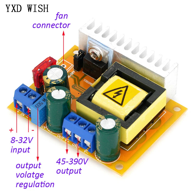 Módulo Convertidor Boost DC-DC 8-32V a 45-390V Step-Up Alto Voltaje ZVS Carga Capacitores