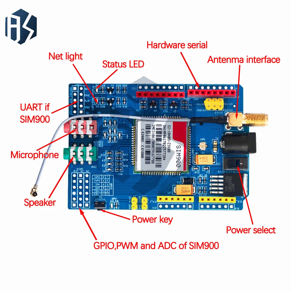 Kit Módulo GSM/GPRS SIM900 Quad-Band (850/900/1800/1900MHz) Placa Desarrollo Ultra Compacta con Antena SMA para Arduino