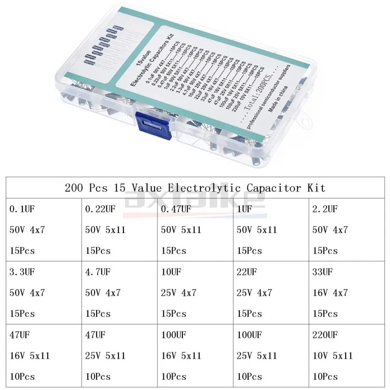 Kit Surtido Capacitor Electrolítico Aluminio (0.1uF-1000uF, 16V/25V/50V) con Caja - Pack 120/200/500 Piezas