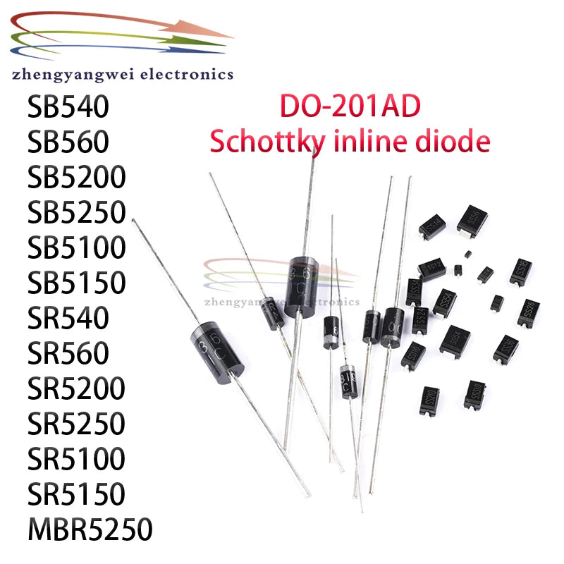 Diodo Schottky THT 5A DO-201AD - Varios Tipos (SB/SR5100-5250, MBR5250) - Lote 10 Piezas
