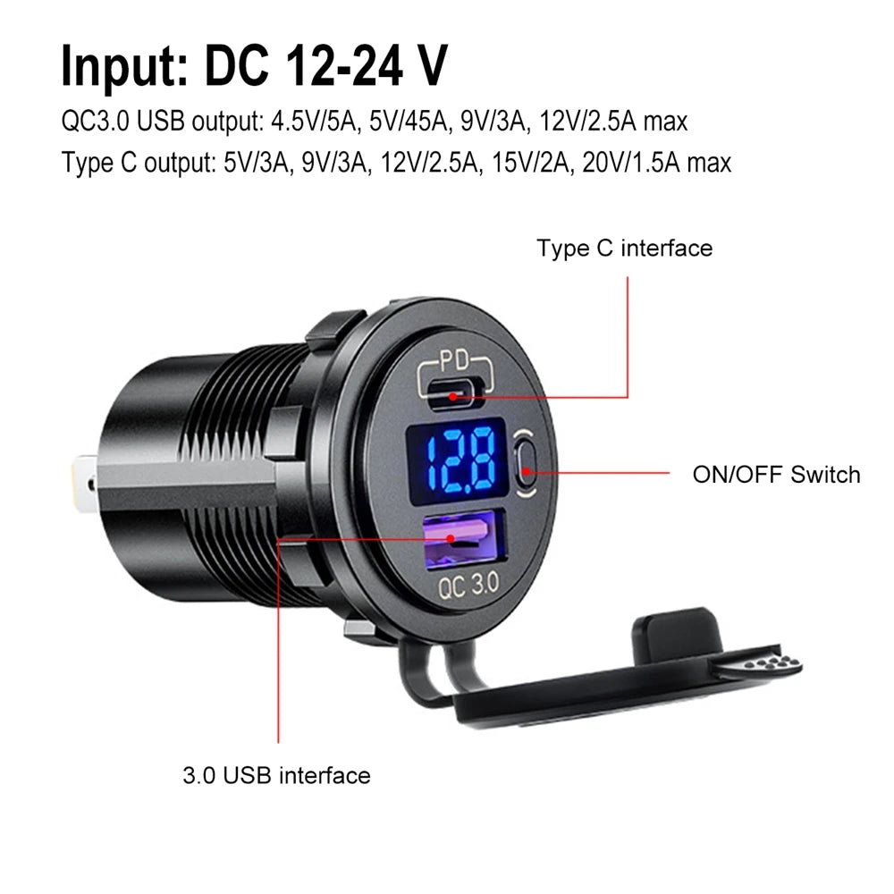 Cargador USB Auto/Camión PD 60W + QC 3.0 con Switch LED Voltímetro 12V/24V Carga Rápida