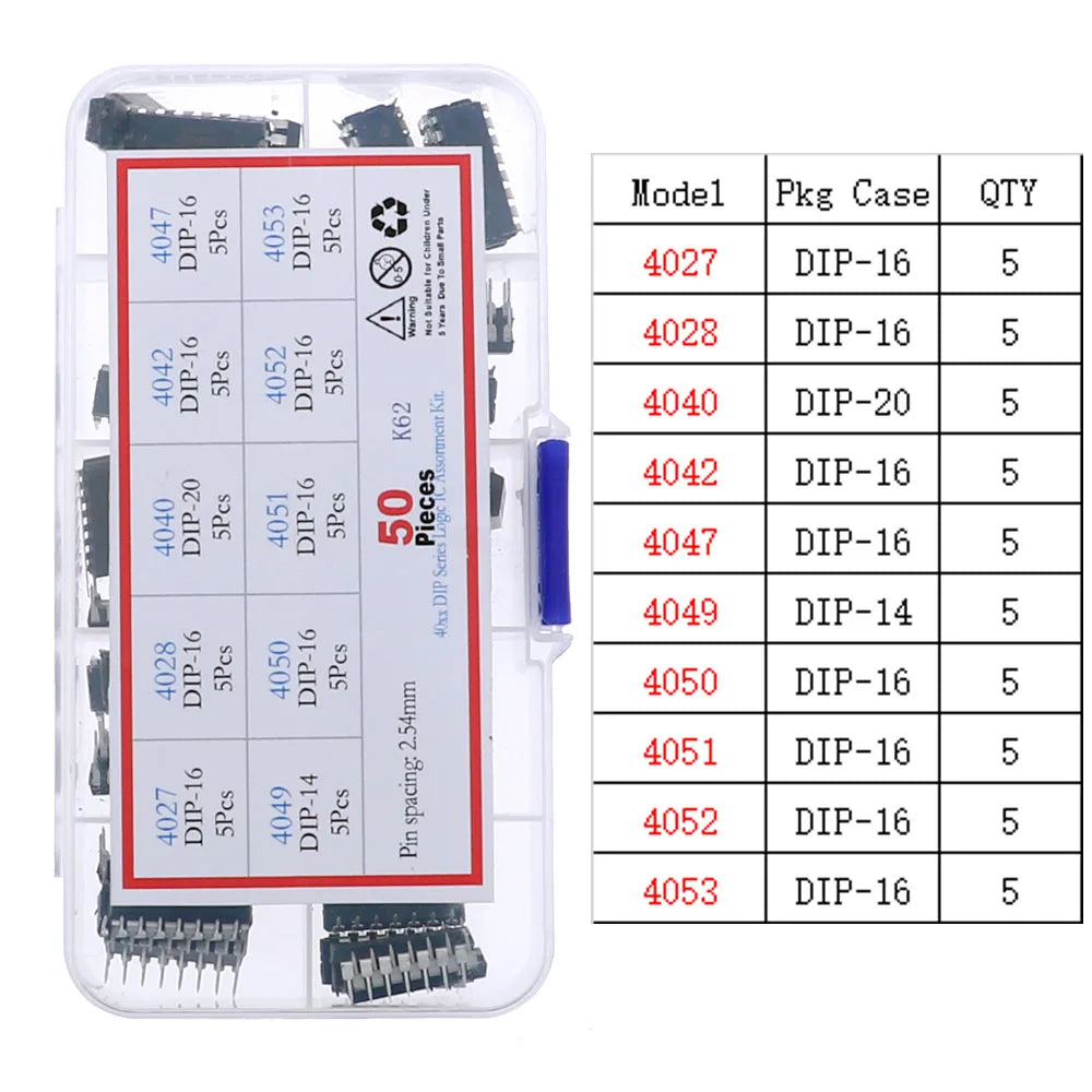 Kit Surtido Chips IC Lógica CMOS (Series 4000/4500/74HC/74LS) con Zócalos
