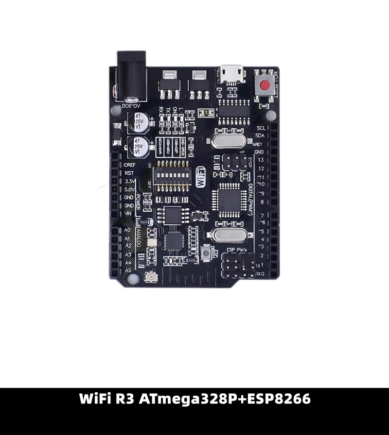 Placa Desarrollo UNO R3 (Oficial ATMEGA16U2 / WiFi R3 ATMEGA328P CH340G) compatible WeMos ESP8266 (con Caja)